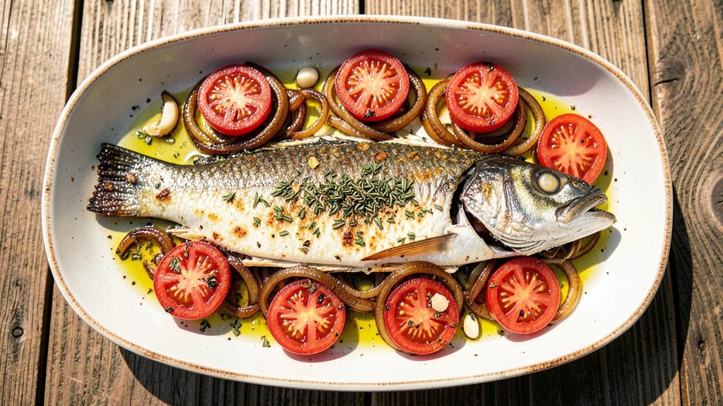 Greek Baked Fish With Tomatoes and Onions Recipe: Mediterranean Bake With Herby Tomatoes and Caramelized Layers